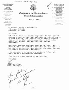 Letter from Ron Dellums to Crockett on Apartheid