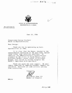 Letter From William Gray to George W. Crockett Jr. on June 23, 1986