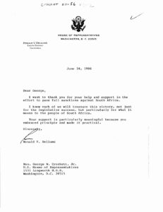 Letter from Ron Dellums to George W. Crockett Jr. on June 24, 1986