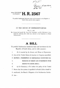 H.R. 2567, a bill prohibiting Smithsonian Institution loans and investments in the Republic of South Africa