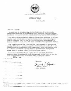 Letter from Raymond Flynn, Mayor or Boston, to George Crockett regarding divestiture