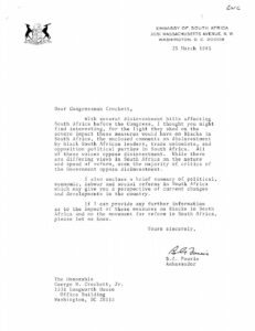 Letter from B. G. Fourie, South African Ambassador to the United States, to George Crockett regarding divestiture’s effects on South Africans