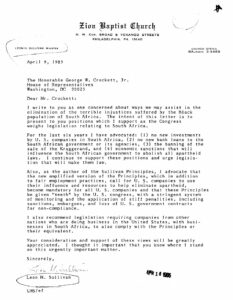 Letter from Leon Sullivan to George Crockett regarding the Sullivan Principles