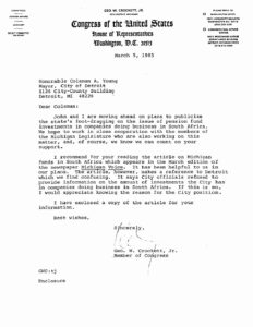 Letter from George Crockett to Coleman Young, Mayor of Detroit regarding South Africa