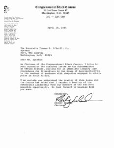 Letter from Mickey Leland to Tip O’Neill, Speaker of the House, regarding divestiture