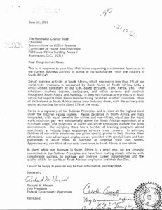 Letter to Charlie Rose, Chair of the House Subcommittee on Office Systems, regarding business activities in South Africa