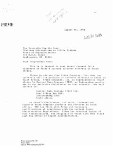 Letter to Charlie Rose, Chair of the House Subcommittee on Office Systems, regarding business activities in South Africa