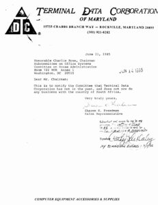 Letter to Charlie Rose, Chair of the House Subcommittee on Office Systems, regarding business activities in South Africa