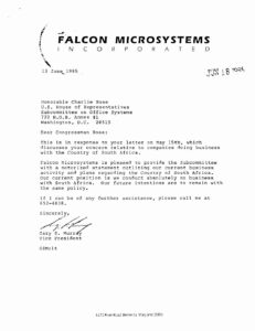 Letter to Charlie Rose, Chair of the House Subcommittee on Office Systems, regarding business activities in South Africa