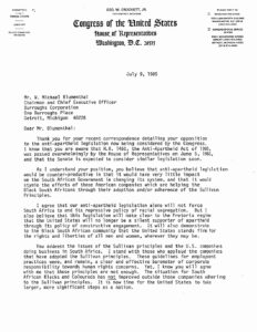 Letter from George Crockett to W. M. Blumenthal, CEO of Burroughs Corporation regarding South Africa