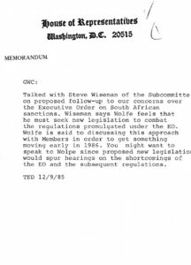 Memo from “TED” to George Crockett regarding conversation with Steve Wiseman regarding concerns over Executive Order on South African Sanctions.