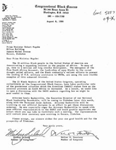 Letter from Mickey Leland and Walter Fauntroy to Prime Minister Robert Mugabe regarding outreach from African Americans to Africans